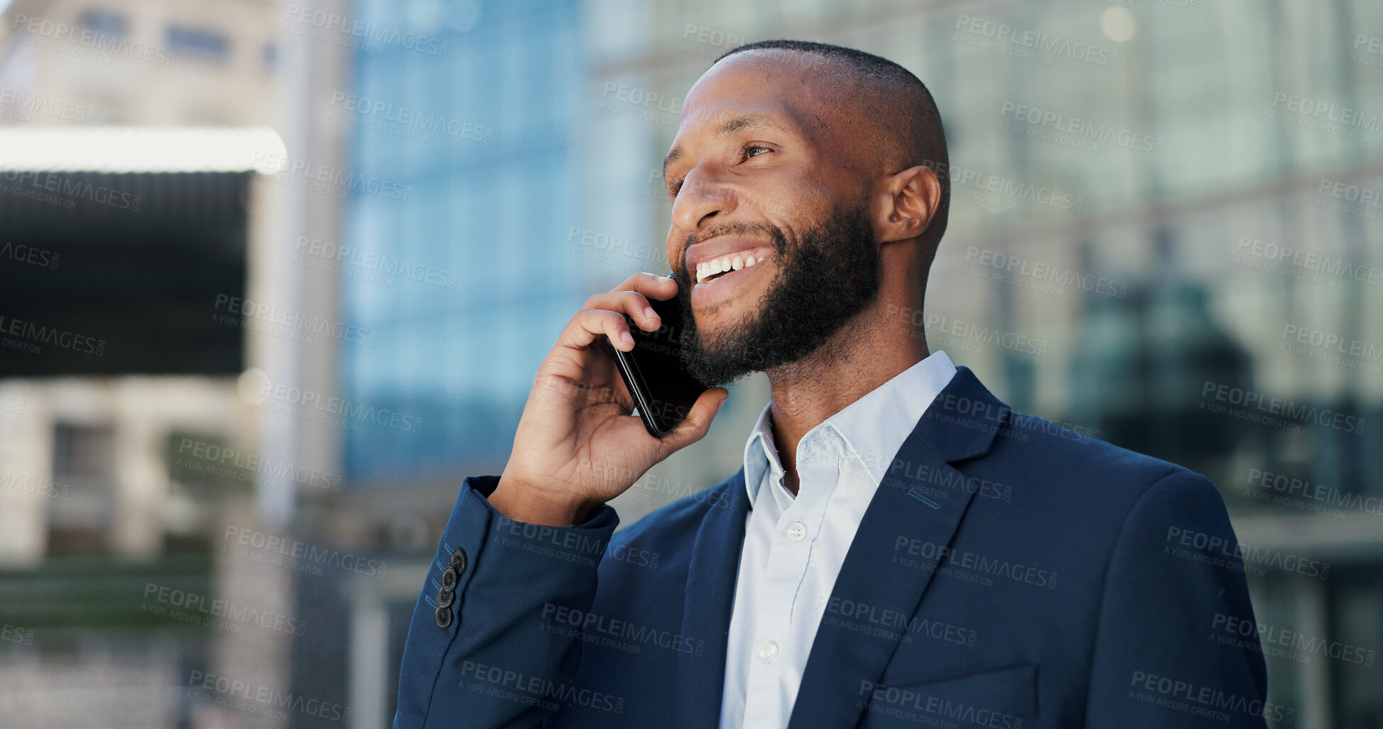 Buy stock photo Happy, businessman and city with phone call for conversation, communication or chat outside building. Outdoor, young man or employee with smile on mobile smartphone for friendly business discussion