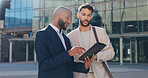 Business men, tablet and talking in street on commute to work in metro with discussion, chat and walking. People, staff and employees with digital touchscreen, bag and advice with travel on sidewalk