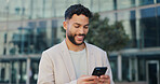 Phone, smile and happy businessman walking in a city with social media, scroll or web chat outdoor. Smartphone, travel and entrepreneur outside with app research, email or b2b client communication