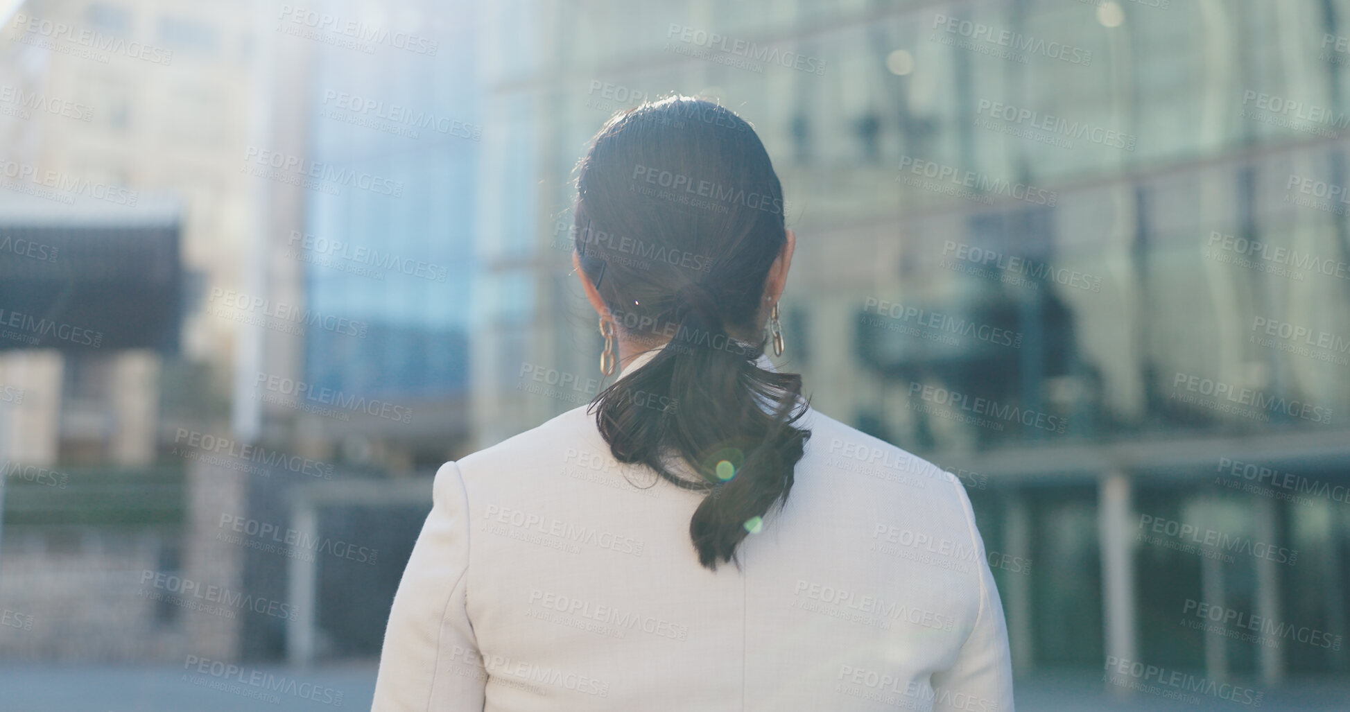 Buy stock photo Business person, back and city with travel, morning commute and walking by a building. Attorney, employee and Chicago with urban architecture and a professional outdoor ready for work at a company