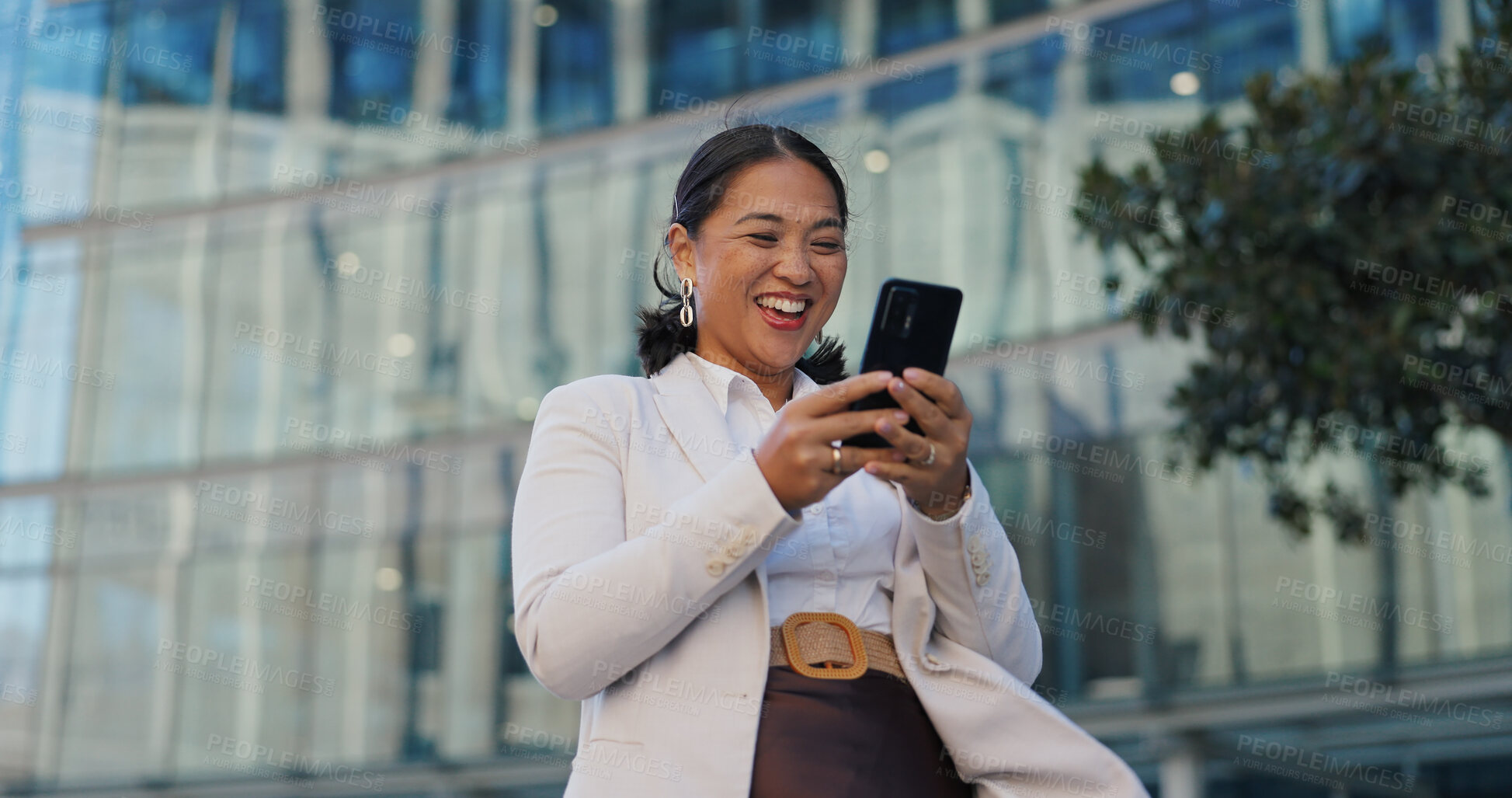 Buy stock photo Business, phone and happy woman with winner fist celebration in a city with news, success or results. Yes, hands and excited investor with investment growth alert, email or competition prize in Tokyo