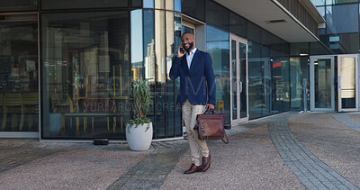 Businessman, phone call and walking with suitcase in city for conversation, travel or work trip outside building. Man or employee talking on mobile smartphone with bag for outdoor business proposal