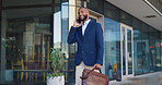 Businessman, phone call and walking with suitcase in city for conversation, travel or work trip outside building. Man or employee talking on mobile smartphone with bag for outdoor business proposal