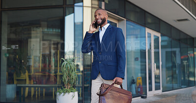 Businessman, phone call and walking with suitcase in city for conversation, travel or work trip outside building. Man or employee talking on mobile smartphone with bag for outdoor business proposal