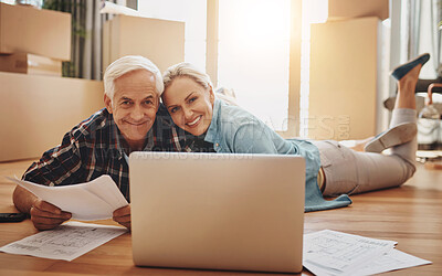 Buy stock photo Portrait, new home and old couple with laptop, documents for renovation and planning with research. Face, people and man with woman on floor, pc and paperwork for mortgage, real estate and property