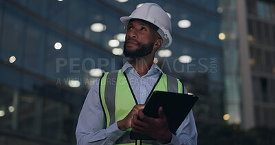 Black man, engineer and thinking at building with tablet for online inspection or safety protocol, architecture or city. Male person, hardhat and project management or construction, internet or night