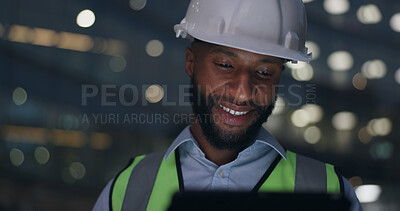 Black man, tablet and construction engineer at building or night deadline, architecture or project. Male person, hardhat and online search or digital floor plan or renovation, urban or contractor