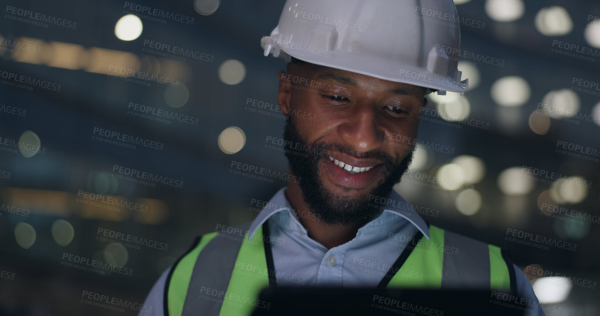 Buy stock photo Black man, tablet and construction engineer at building or night deadline, architecture or project. Male person, hardhat and online search or digital floor plan or renovation, urban or contractor