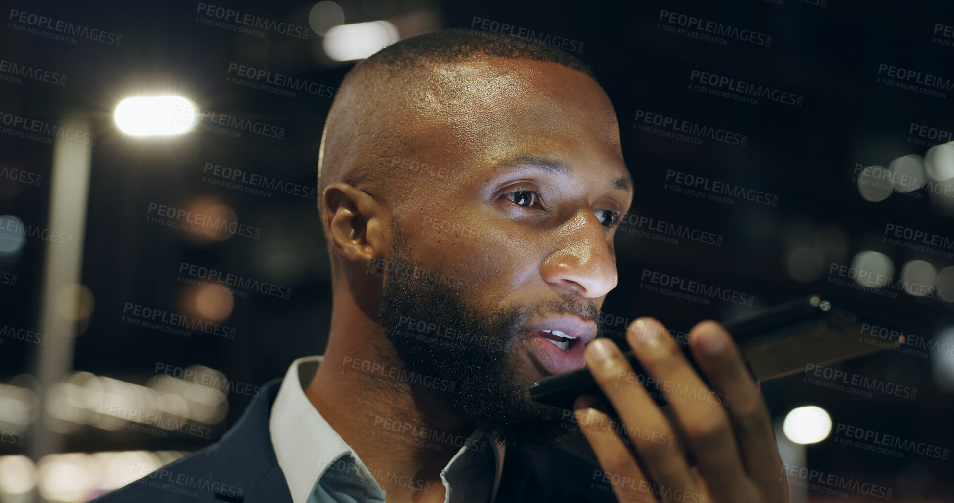 Buy stock photo Black man, smartphone and talking at night for business with voice for chat with digital for social. Mobile, meeting and message for company outdoors with chatting for news with contact at work