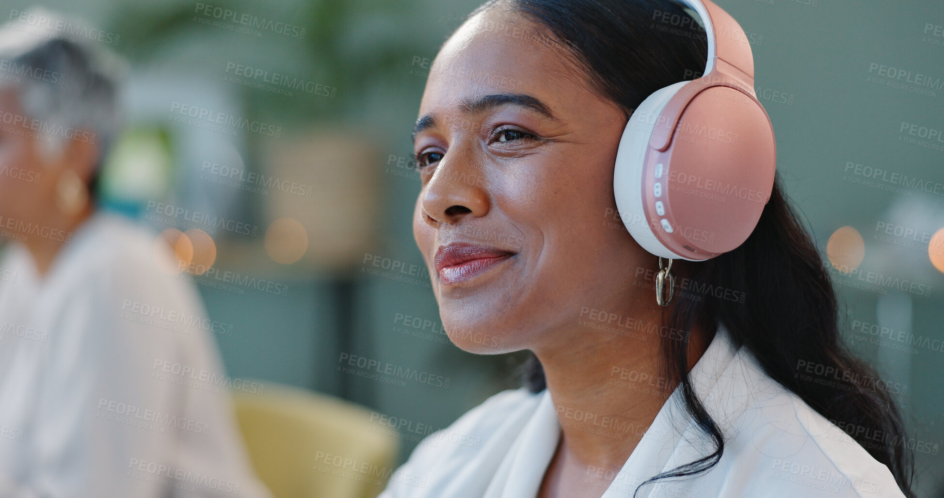 Buy stock photo Happy business woman, headphones and relax with music in office, break and inspiration or streaming audio. Designer, podcast and positive in workplace for productivity, calm and opera on online radio