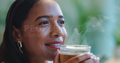 Business woman, happy or coffee at work for idea, office or warm beverage for inspiration on creative project. Asian person, designer and thinking with espresso, morning and aroma for energy in job