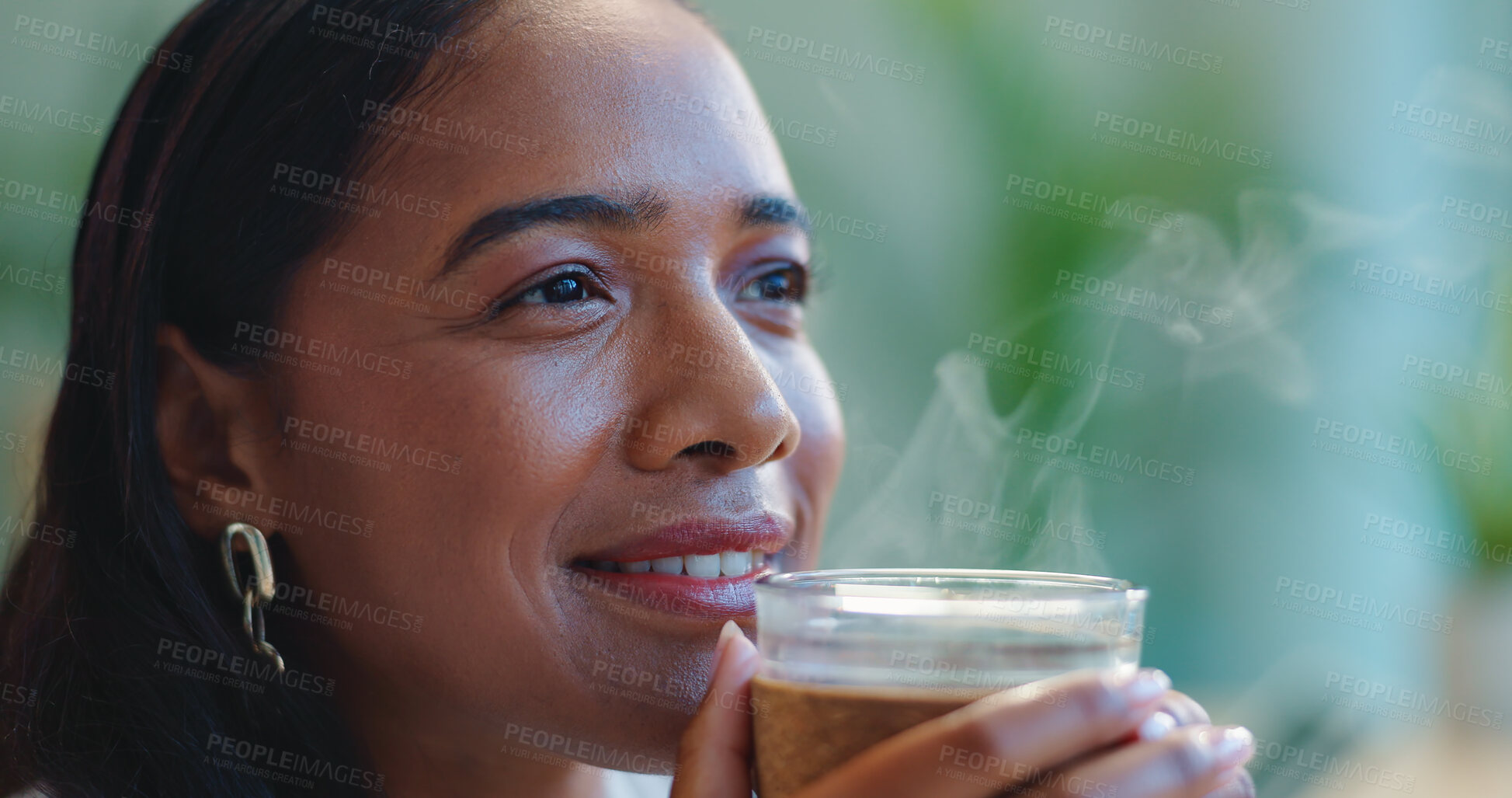 Buy stock photo Business woman, happy or coffee at work for idea, office or warm beverage for inspiration on creative project. Asian person, designer and thinking with espresso, morning and aroma for energy in job