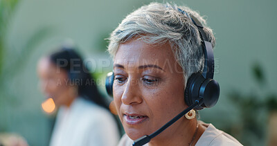 Call center, communication or senior woman in office consulting for faq, contact us or customer support. Telemarketing, help or old female consultant with telecom, questions and crm, sales or service