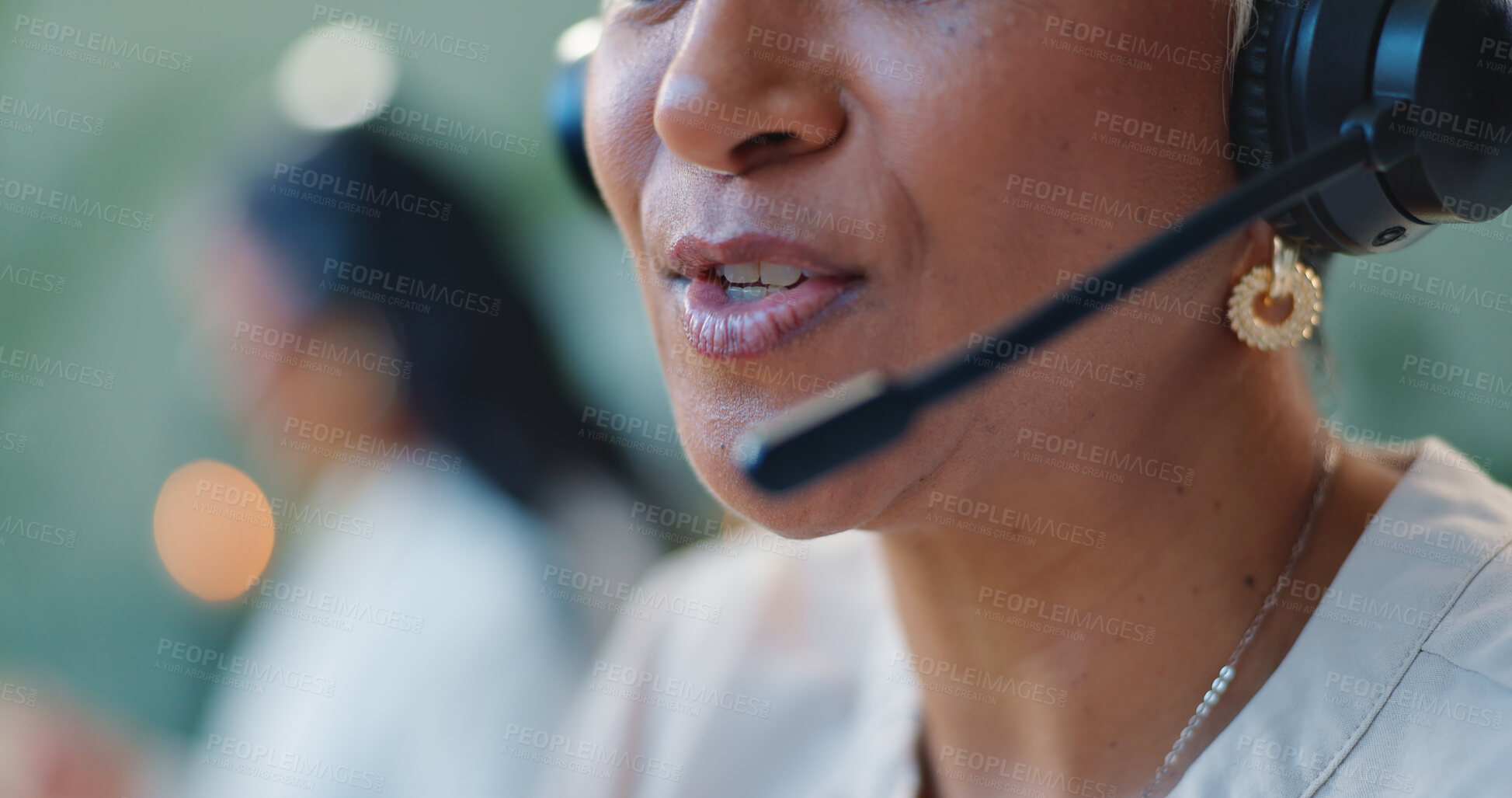 Buy stock photo Call center, microphone or senior woman in office consulting for b2b faq, contact us or customer support. Telemarketing, help or old lady consultant with telecom, questions and crm, sales or service