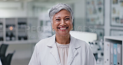 Happy, face and mature woman in lab for development of science, research and medicine. Scientist, laboratory and portrait of expert with a smile from confidence or pride in innovation of vaccine