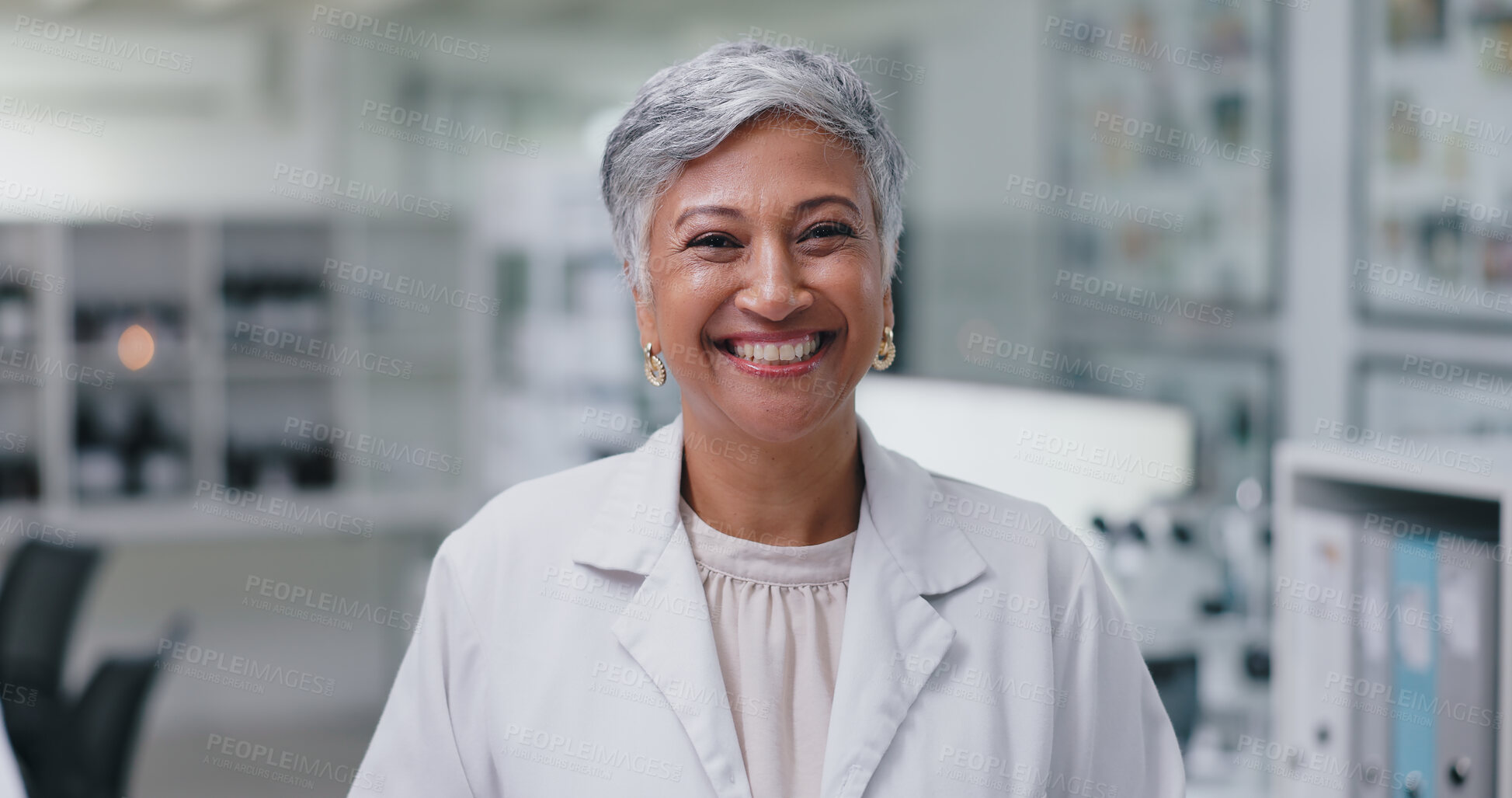 Buy stock photo Happy, face and mature woman in lab for development of science, research and medicine. Scientist, laboratory and portrait of expert with a smile from confidence or pride in innovation of vaccine