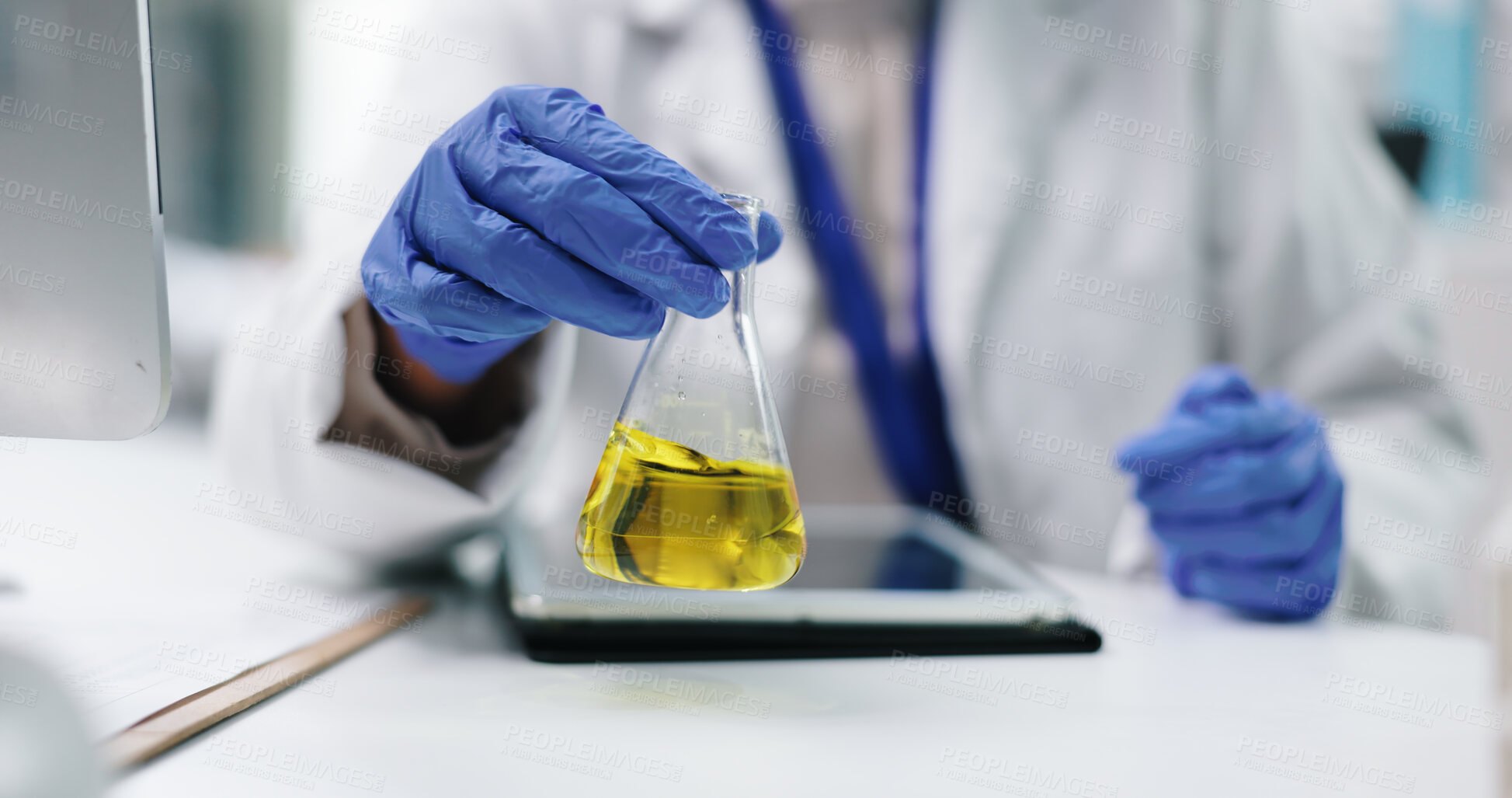 Buy stock photo Hands, chemical in beaker and scientist in lab, chemistry and medical research with pharmacy and investigation. Biotechnology, science experiment and person with glass container for liquid solution