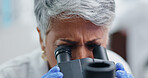 Woman, microscope and laboratory medical research as scientist or cure breakthrough, development or wellness. Mature person, equipment and futuristic healthcare or experiment, investigation or sample