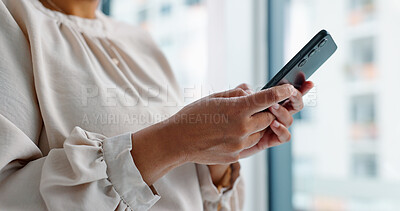 Hands, texting and phone for business woman in modern office with communication, contact and networking. Person, smartphone and typing with search, mobile app and email notification in workplace