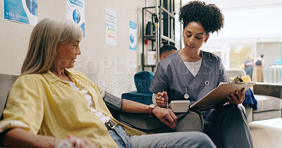 Woman, nurse and clinic with iv drip at with notes, clipboard or review with chat for wellness. Elderly patient, person and medical employee with paperwork, results and report on checklist for health