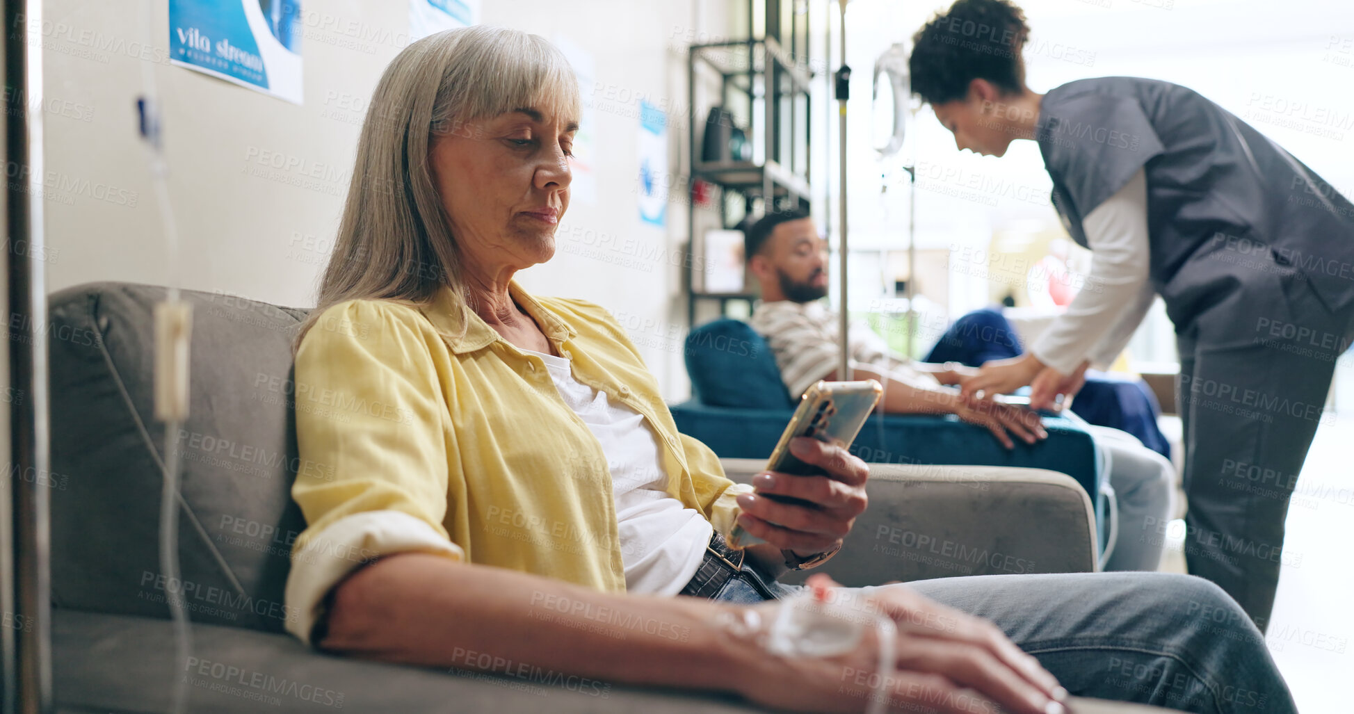 Buy stock photo Hospital, phone and mature woman in chemotherapy for cancer treatment, medication and IV drip of medicine. Healthcare, clinic and person on smartphone for social media, website and internet news