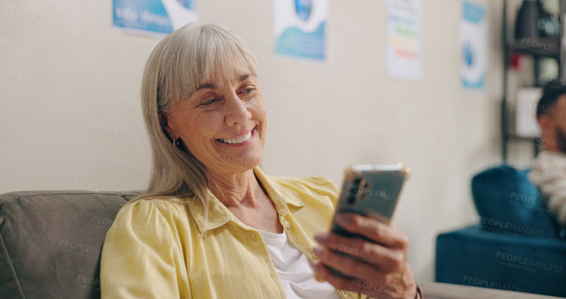 Buy stock photo Hospital, phone and mature woman in chemotherapy for cancer treatment, medication and IV drip of medicine. Healthcare, clinic and person on smartphone for social media, website and internet news