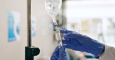 Healthcare, IV drip and hands of nurse with syringe for medicine, infusion and medication dose for patient. Hospital, clinic and closeup of doctor with liquid for treatment, sickness and medical care