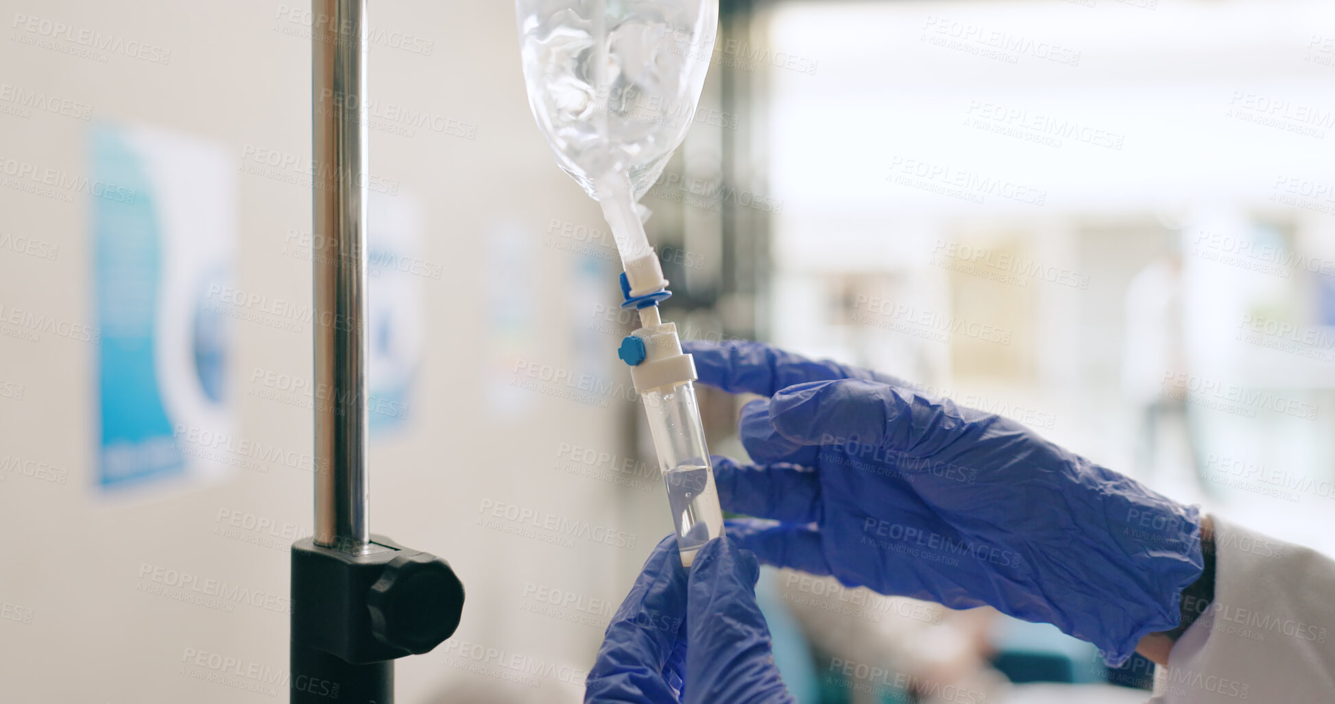 Buy stock photo Healthcare, IV drip and hands of nurse with syringe for medicine, infusion and medication dose for patient. Hospital, clinic and closeup of doctor with liquid for treatment, sickness and medical care