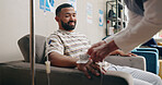 Happy man, nurse and patient with drip for checkup, healthcare or appointment in lounge at hospital. Male person or client with scrub for therapy, test or examination in waiting room at the clinic