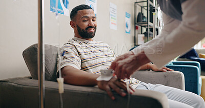 Buy stock photo Happy man, nurse and patient with drip for checkup, healthcare or appointment in lounge at hospital. Male person or client with scrub for therapy, test or examination in waiting room at the clinic