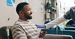 Woman, nurse and talking with patient for checkup, healthcare or appointment in lounge at hospital. Happy female person or scrub consulting man or client in waiting room for drip or therapy at clinic