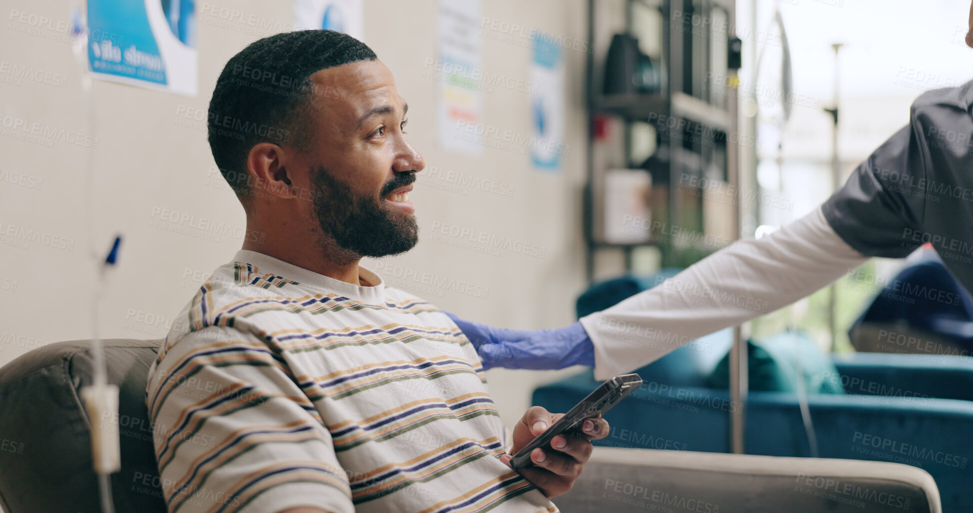 Buy stock photo Woman, nurse and talking with patient for checkup, healthcare or appointment in lounge at hospital. Happy female person or scrub consulting man or client in waiting room for drip or therapy at clinic