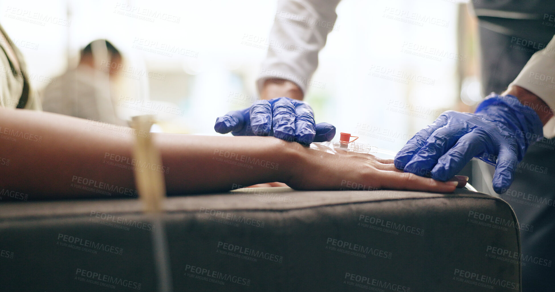 Buy stock photo Nurse, needle and hands with medical gloves at a hospital with vaccine and healthcare IV infusion. Medicine, clinic and support with patient and doctor helping with blood sample for treatment,IV Bar