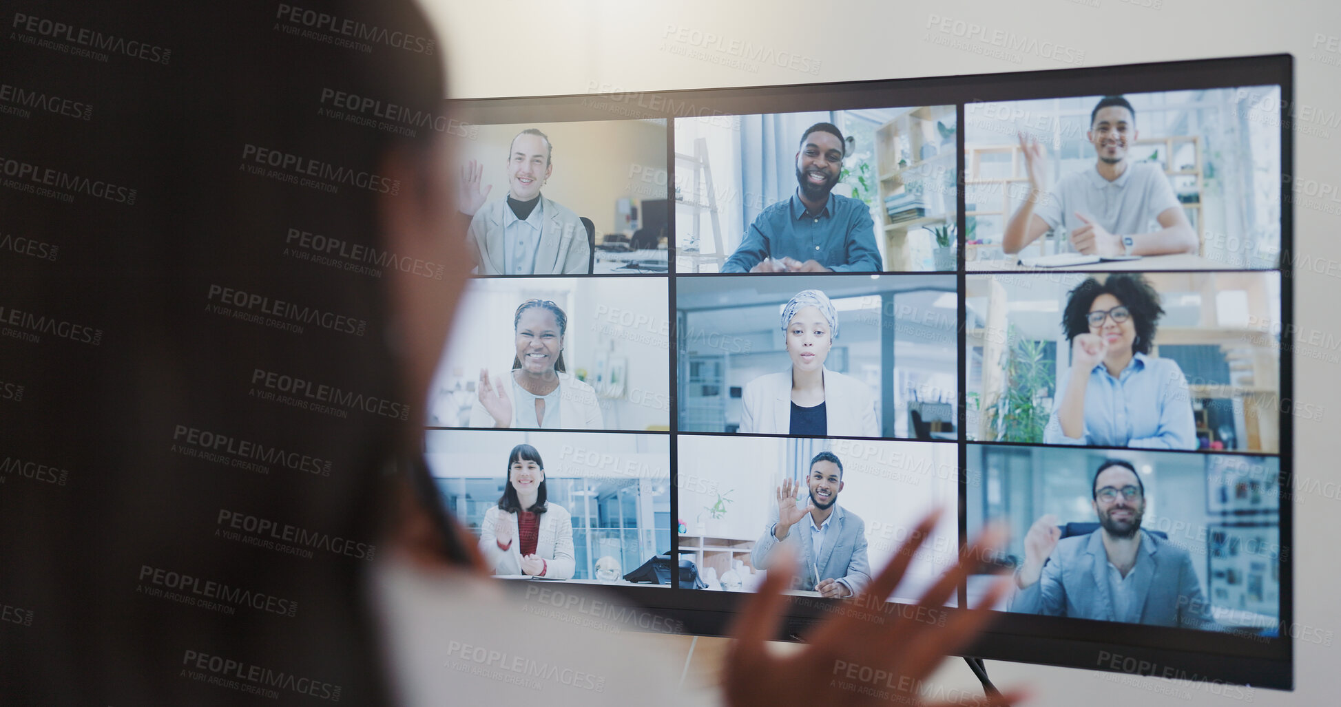 Buy stock photo Business people, video conference and team on screen for online presentation, discussion and wave hello. Group, virtual communication and global webinar call on computer in office for digital meeting
