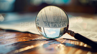 Magnifying glass, search and newspaper for information, research and media with on a wooden or antique desk. Zoom lens or tool for investigation, reading and job search with words, text or old page