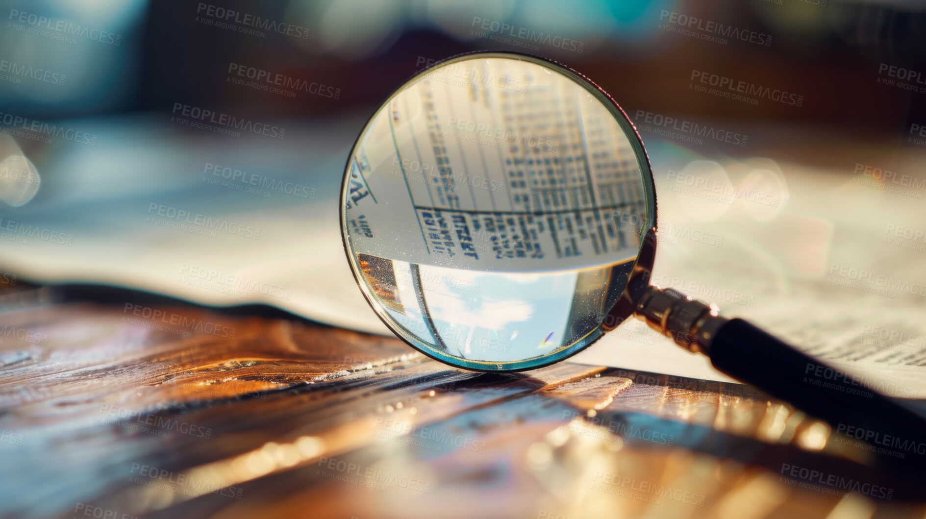 Buy stock photo Magnifying glass, search and newspaper for information, research and media with on a wooden or antique desk. Zoom lens or tool for investigation, reading and inspection with words, text or old page