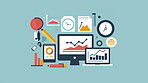 Business, illustration and desktop or charts with graphs statistics or tasks, blue background or trading. Stock market, website and data research or investment algorithm for save, economy or finance