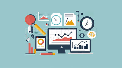 Business, illustration and desktop or charts with graphs statistics or tasks, blue background or trading. Stock market, website and data research or investment algorithm for save, economy or finance