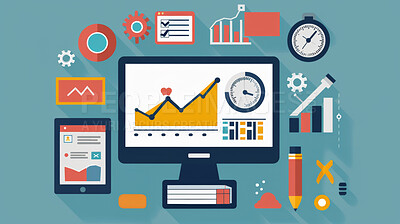 Business, illustration and desktop with graphs statistics for tasks, blue background or trading. Stock market, website and job schedule for data research or investment algorithm, charts or checklist