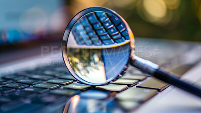 Laptop, magnifying glass and keyboard for search in office with forensic investigation for phishing software. Computer, closeup and inspection for hacker, virus and danger with spyware on internet
