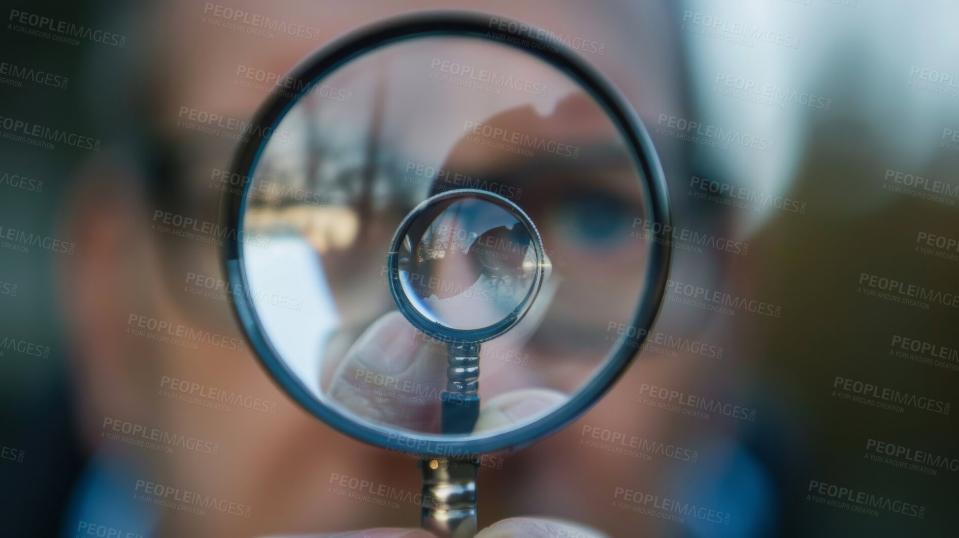 Buy stock photo Man, eyes and investigator with magnifying glass for focus, inspection or zoom for sight, secret or outdoor discovery. Closeup of reflection, lens or tool for crime scene, investigation or evidence