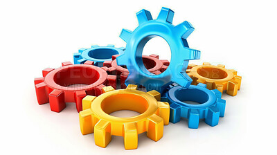 Buy stock photo Cog, gear and 3D for system, machine or software integration with colorful connection on a white background. Wheel and circle for network, power and engineering in information technology in studio