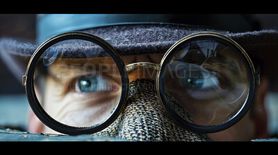 Man, eyes and investigator with glasses for spy, vigilance or secret agent at home investigation. Closeup of male person or inspector watching, lookout or silent vigilante in house for sneaky peek