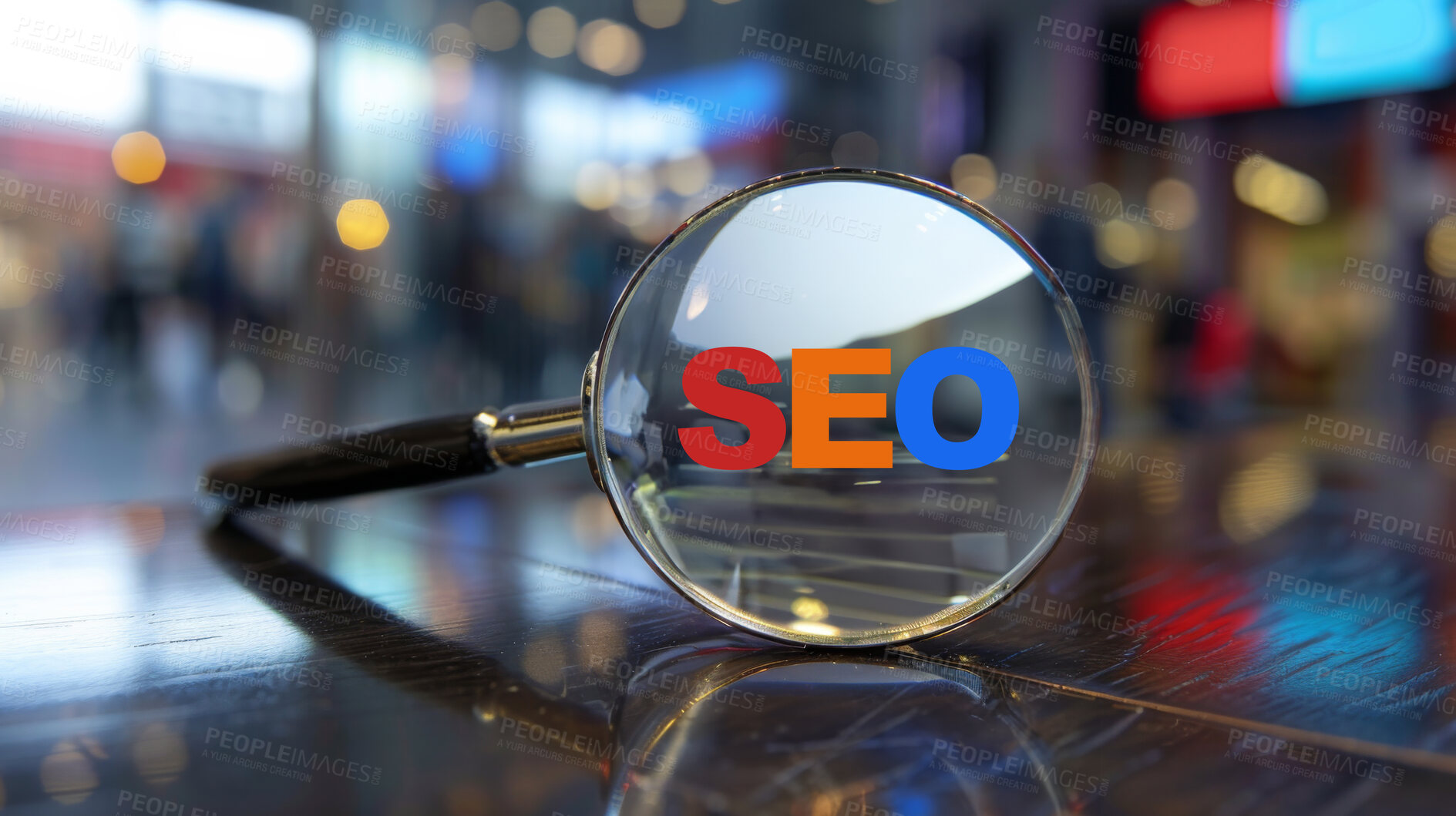 Buy stock photo Internet, seo and magnifying glass for web connection, website and networking for digital marketing. Solution, online research and benefits of target market analysis for search engine optimization