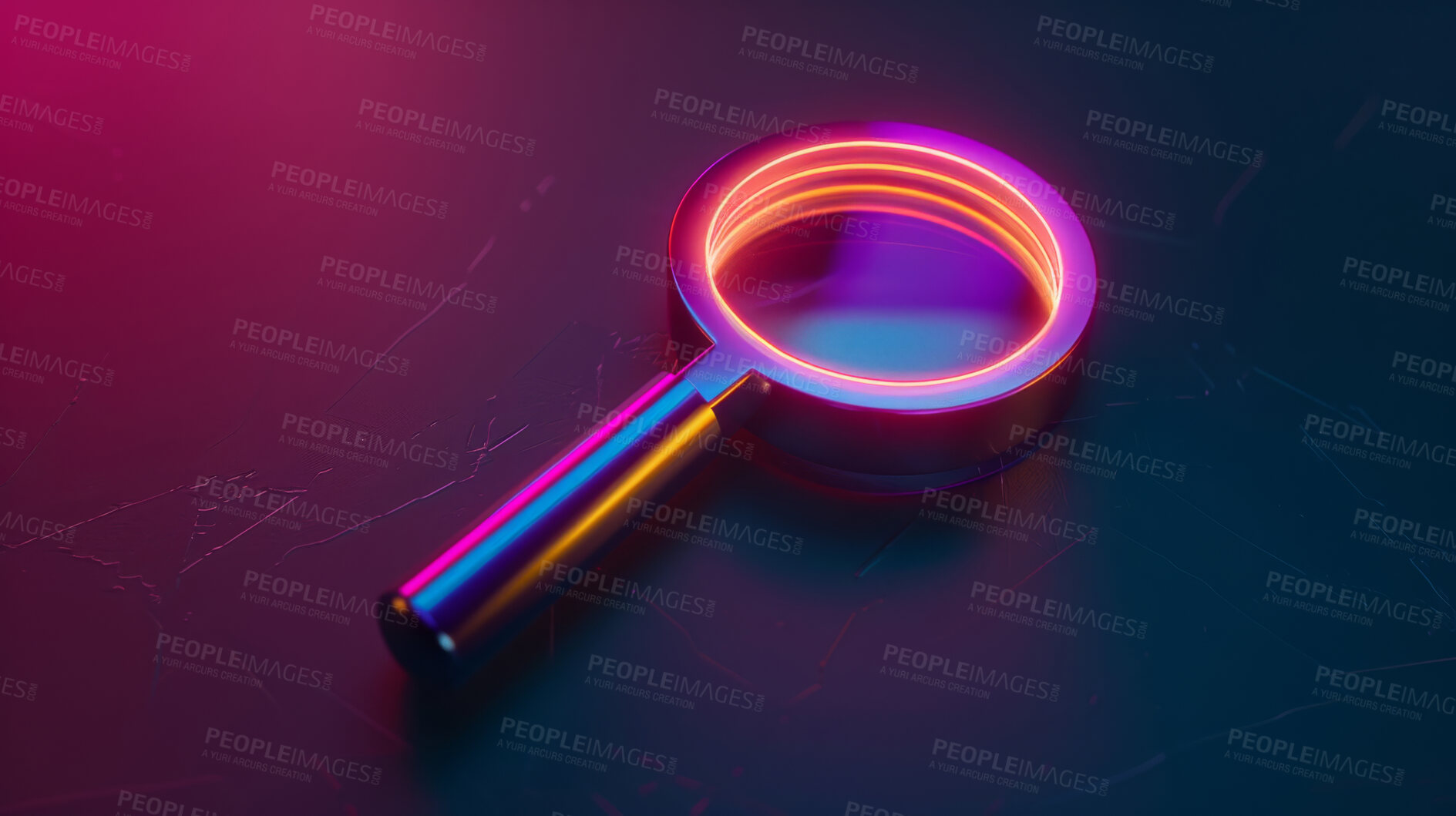 Buy stock photo magnifying glass, search and internet for information, research and media with neon color on dark background. SEO tool for business development, innovation and creative object for keyword on website