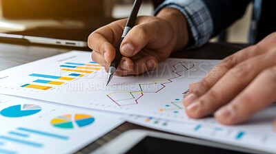 Charts, graphs and hands with paper for business research or study of company growth, social science and results. Person, document and analysis for sales performance or investment and statistics.