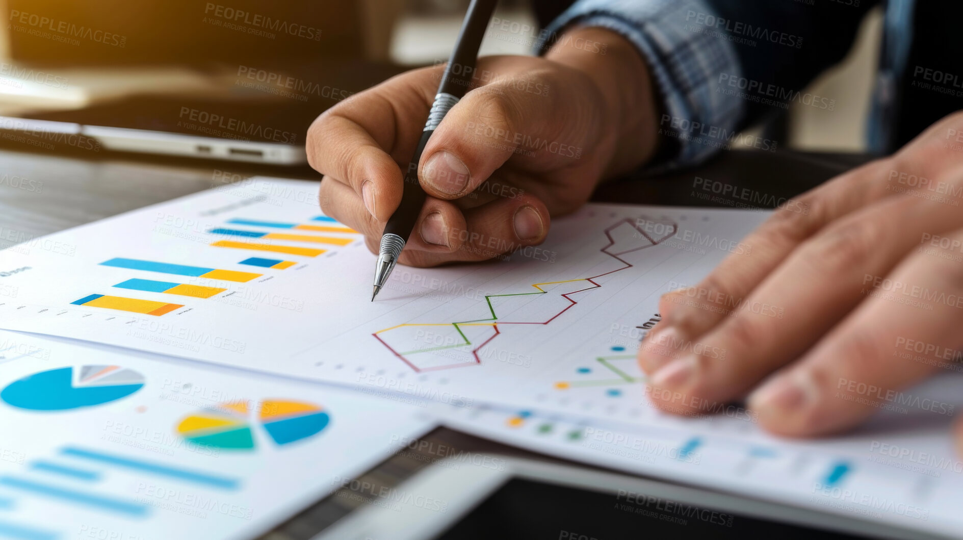 Buy stock photo Charts, graphs and hands with paper for business research or study of company growth, market trends and results. Person, document and analysis for sales performance with line patterns and statistics.