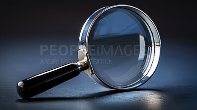 Magnifying glass, search and reading or investigation tool for looking, problem solving or black background. Lens, evidence and equipment for text with mockup for learning, instrument or detective
