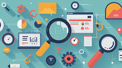 Magnifying glass, illustration and internet or engine for data analytics, research and media metrics, stats or algorithm. SEO tool for business of icon, gear and website or online on blue background