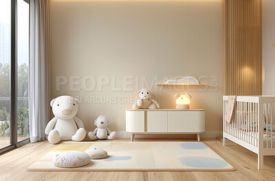 Nursery, interior design and children room in home, crib and furniture in accommodation. Bedroom, indoor and teddy bear for decoration in modern house, minimal and modern kids space with toys